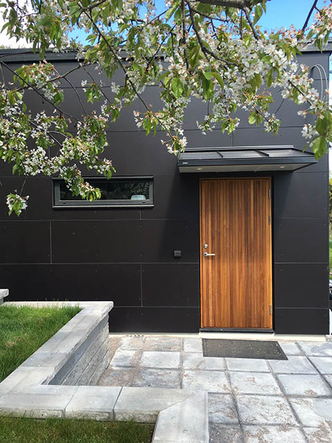 Ytterdörr i teak med stående panel